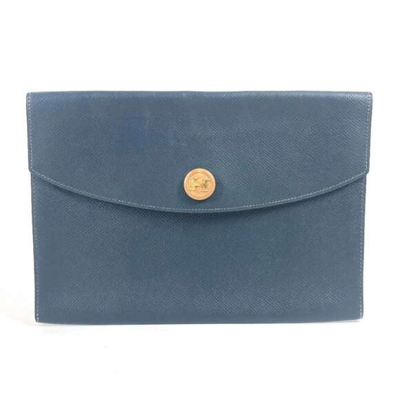 HERMES vintage H logo Flap Bag Pouch Clutch bag Leather Navy - Picture 1 of 16